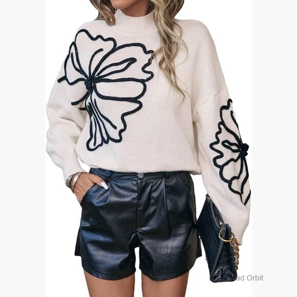 Sweaters - Floral Mock Neck Long Sleeve Pullover Sweater Knit Top Drop Shoulder